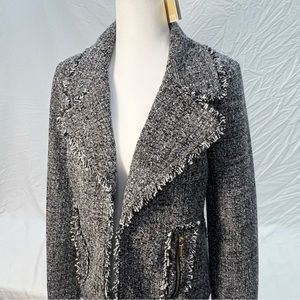 Michael Kors open front gray black blazer jacket frilly distressed ragged look
